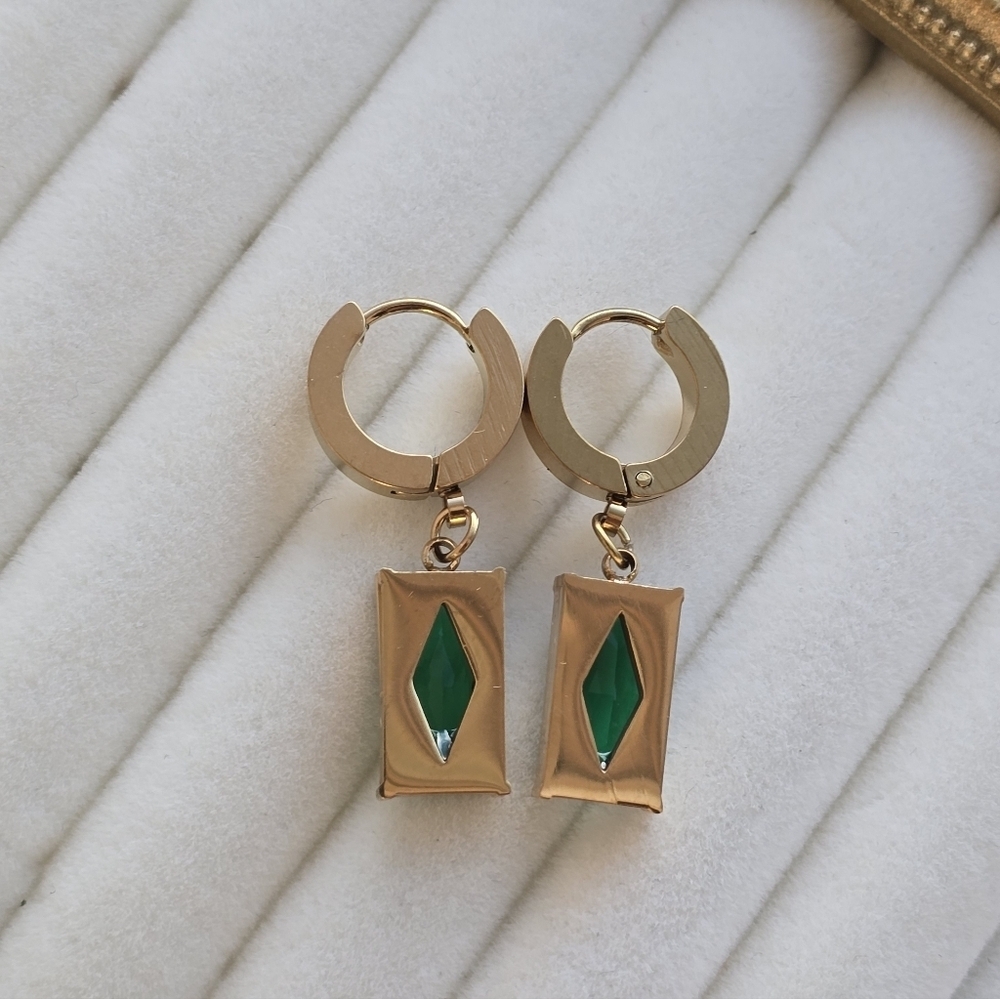 Emerald Green Drop Huggie Earrings | Gold Tone | Modern Vintage Luxe - Picture 3 of 4